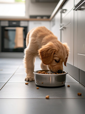 Cute golden retriever puppy eating dry food from a bowl in the kitchenの素材