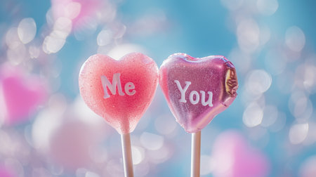 Heart shaped lollipops on blue background with bokehの素材