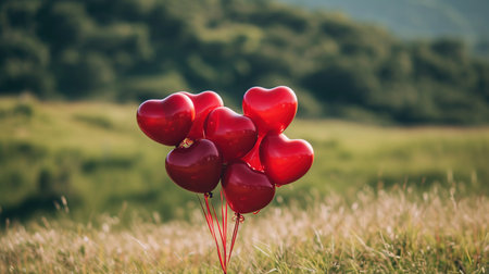 Red heart shaped balloons on a green meadow in the mountains.の素材
