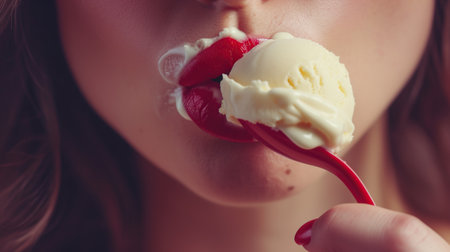 Close-up portrait of young woman eating a spoon of vanilla ice cream with red lipsの素材