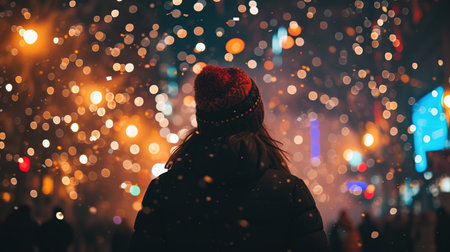 Back view of young woman in winter hat and scarf looking at night city street with lights. New year celebrationの素材