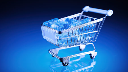 Shopping cart with ice cubes on blue background. Shallow depth of field.の素材