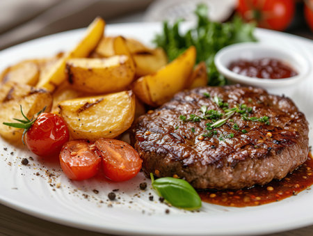 Grilled steak with baked potatoes and tomatoes, close-upの素材