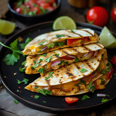 Mexican quesadilla with chicken and vegetables on wooden backgroundの素材