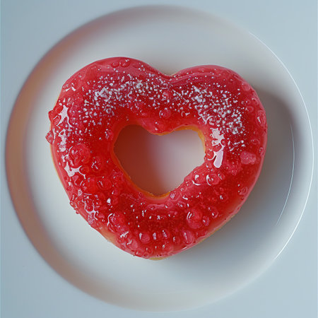 Strawberry heart shaped jelly donut on white plate, top viewの素材