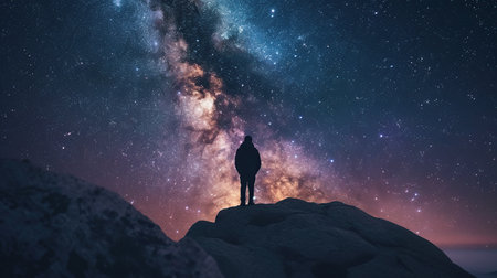 Man standing on the top of a mountain and looking at the milky wayの素材
