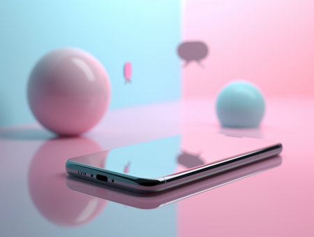 Smartphone with pink and blue background, 3d rendering. Computer digital drawing.の素材