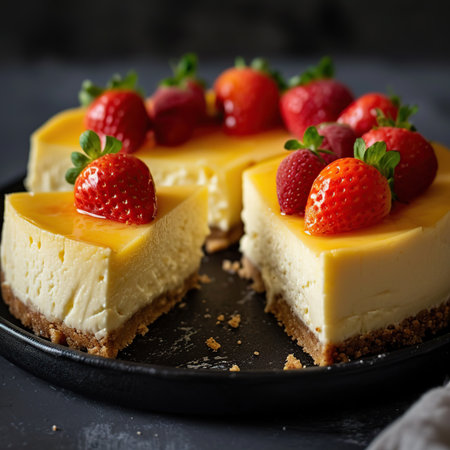 Cheesecake with fresh strawberries on a black background. selective focusの素材