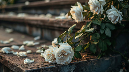 White roses on the old stairs in the park. Selective focus.の素材