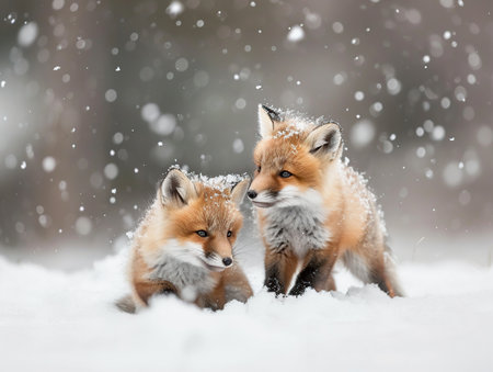 Red foxes playing in the snow with snowflakes in winterの素材