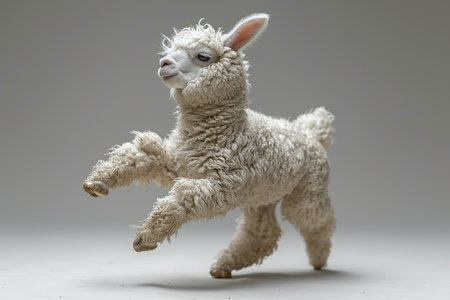 Cute white alpaca on a gray background, studio shotの素材