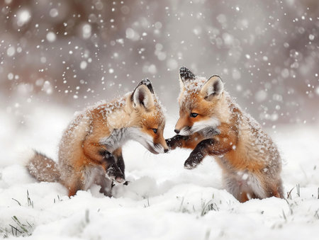 Two red foxes playing in the snow on a cold winter dayの素材