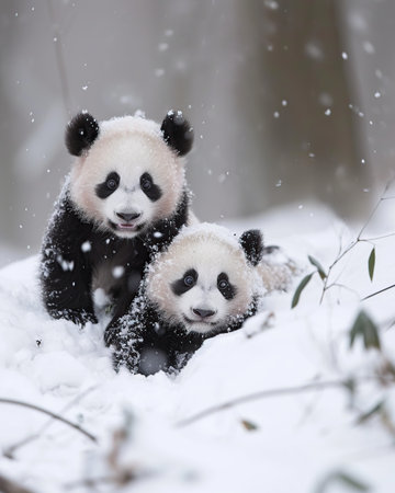 Two panda bear cubs playing in the snow in winterの素材