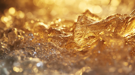 Macro shot of ice cubes on golden bokeh background.の素材