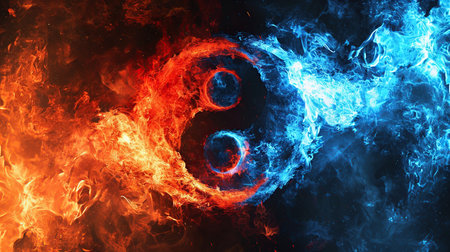 Yin and Yang symbol in blue and red fire on a black background wallpaperの素材