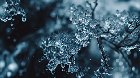 Frozen water drops on tree branch in winter. Macro shot.の素材