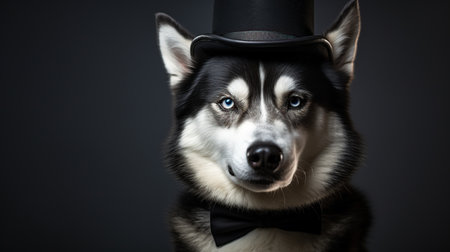Studio portrait of a beautiful siberian husky dog wearing a top hat.の素材