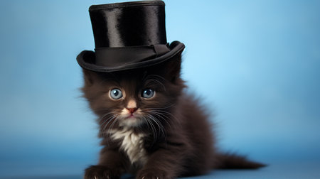 Siberian kitten in a top hat on a blue background.の素材
