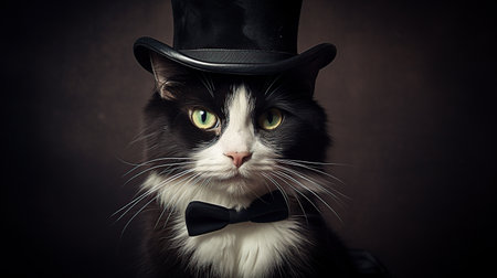 Black and white cat wearing a top hat and bow tie on dark backgroundの素材