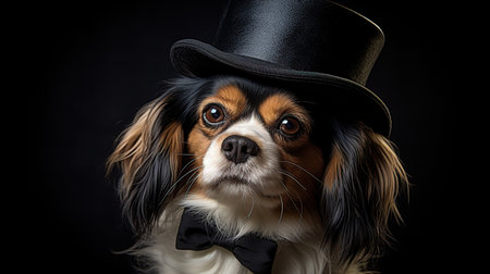 Portrait of a Cavalier King Charles Spaniel in top hat and bow tie on black backgroundの素材
