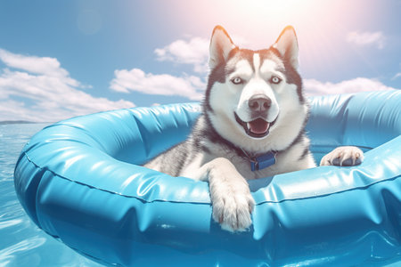 Siberian Husky dog in blue inflatable swimming pool with sunny sky.の素材