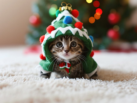 Cute tabby kitten in Christmas ornament costume on the background of the Christmas treeの素材