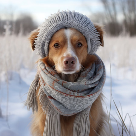 Portrait of a dog in a warm hat and scarf in the winter forest.の素材