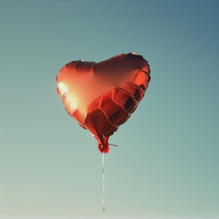 Red heart-shaped balloon on blue sky background. Valentines day concept.の素材