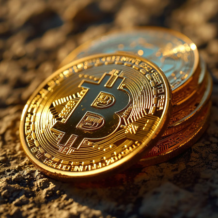 Bitcoin. Cryptocurrency. Golden bitcoin on stone background.の素材