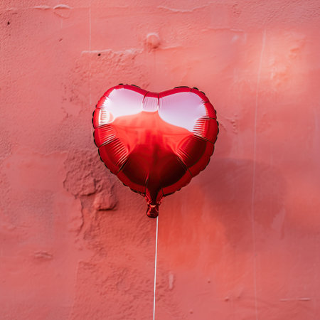 Red heart-shaped balloon on the background of a red wall.の素材