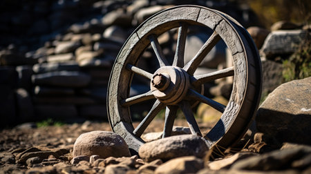 Old wooden wagon wheel in the countryside. Selective focus on the wheel.の素材