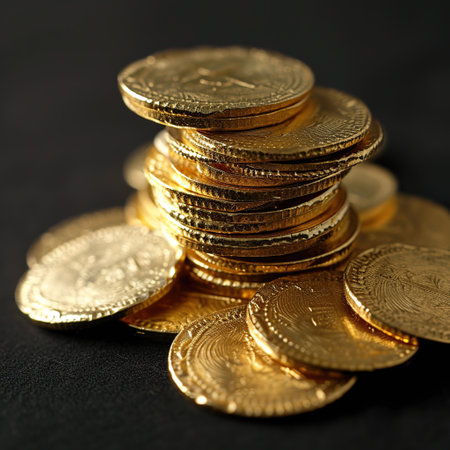 Stack of pirate gold coins on black background. Shallow dof.の素材