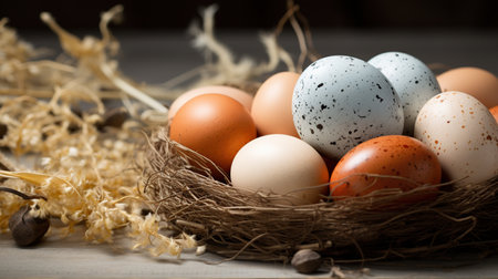 Easter eggs in a nest on a wooden background. Toned.の素材