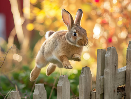 Rabbit jumping over fence in the garden. Easter holiday concept.の素材