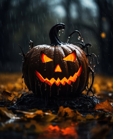 Halloween pumpkin with scary face in dark forest. Halloween concept.の素材