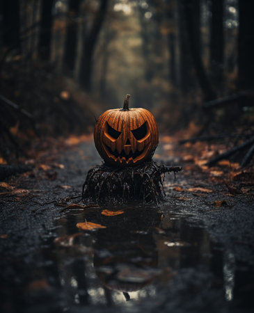 Halloween pumpkin in the dark forest. 3D Rendering.の素材