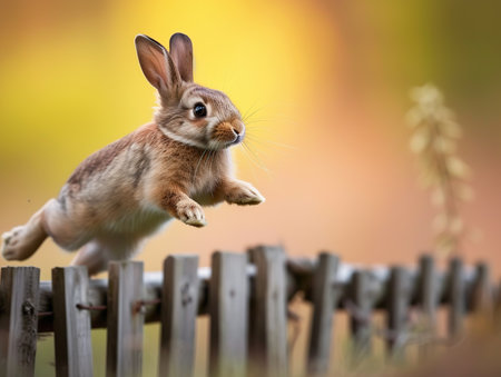 Rabbit jumping over fence with blurred background, shallow depth of fieldの素材