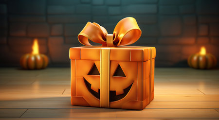 Halloween pumpkin gift box with ribbon and bow. 3d renderingの素材