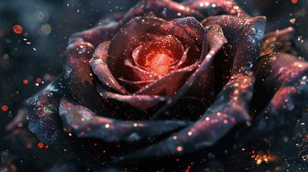 Beautiful dark red rose with glowing sparkles on black background.の素材