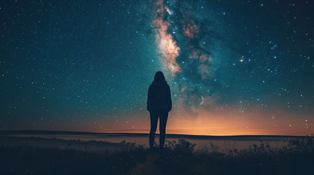 Silhouette of a girl looking at the milky way.の素材