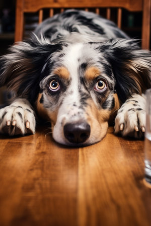 Portrait of a cute Australian Shepherd dog lying head on wooden tableの素材