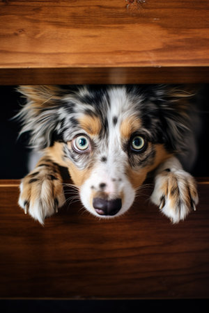Portrait of a cute Australian Shepherd puppy peaking outの素材