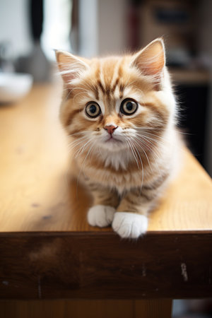 Cute ginger kitten sitting on a wooden table and looking at the cameraの素材