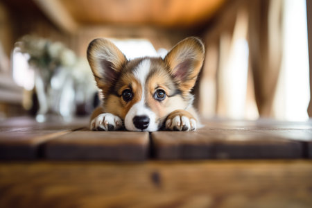 Corgi puppy lying on a wooden deckの素材
