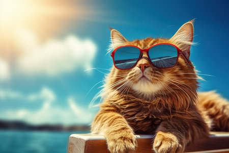 Cute ginger cat wearing sunglasses on the beach. Summer holidays concept.の素材