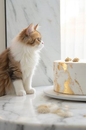 Cute cat and cakele table in living roomの素材