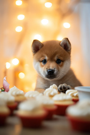 Shiba Inu puppy with cupcakes and lights on background.の素材