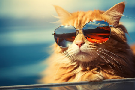 Portrait of a beautiful ginger cat with sunglasses on the sea backgroundの素材