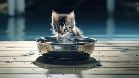 Cute siberian kitten sitting in a bowl of water.の素材