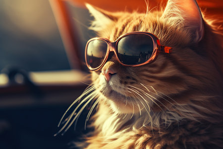 Portrait of a beautiful ginger cat in sunglasses on the background sail.の素材